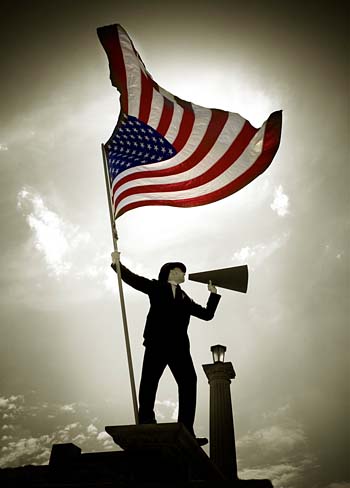 Silhouette figure with American flag and megaphone