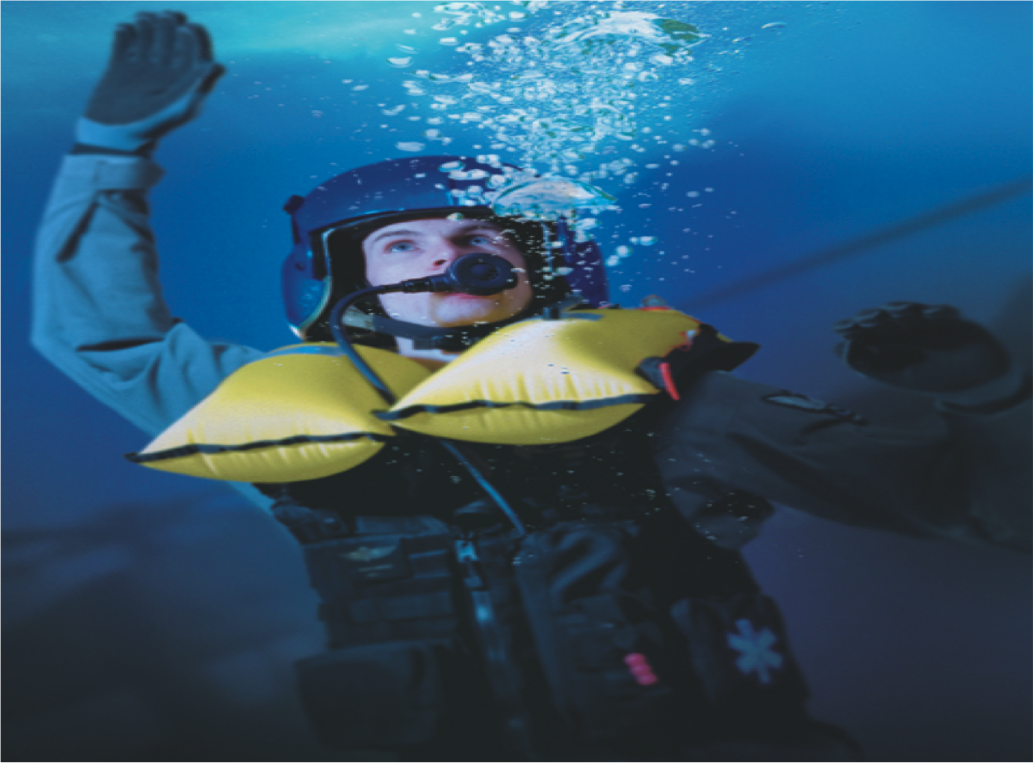 Underwater rescue diver with inflated life vest